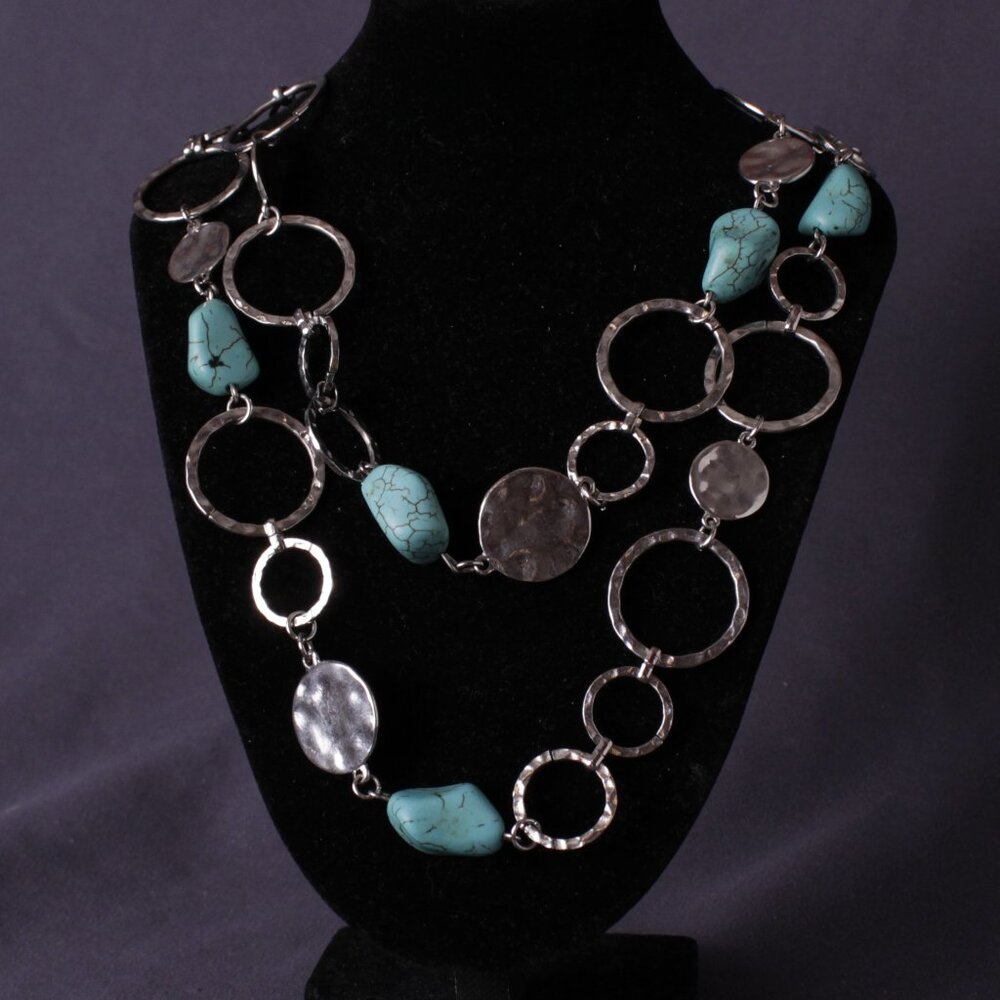 Jules Chunky Faux turquoise necklace 36in, white stamped Stainless-Steel chain w
